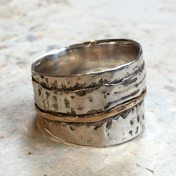 Two toned Wide band, sterling silver ring, hammered band, asymmetric ring, unisex ring, silver gold ring, boho ring - Another place R2510