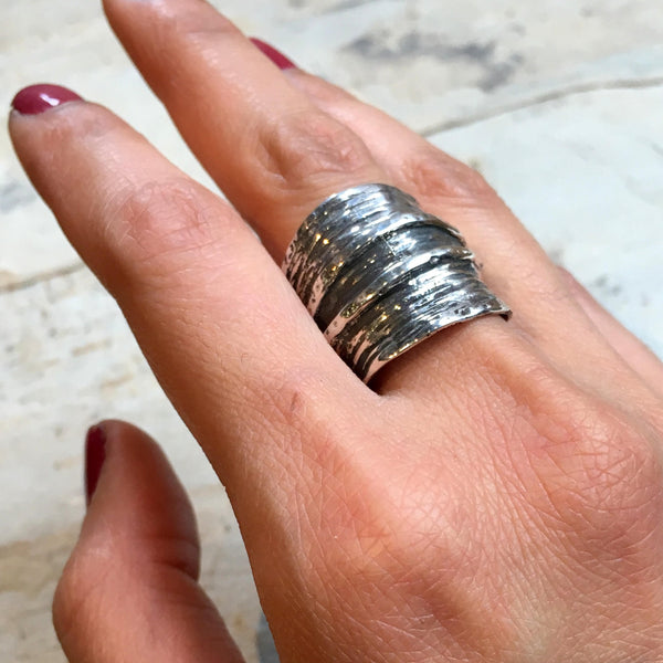 Sterling silver ring, oxidized silver ring,  wide silver ring, bohemian band, rustic wedding band, statement ring - Mixed emotions R2512