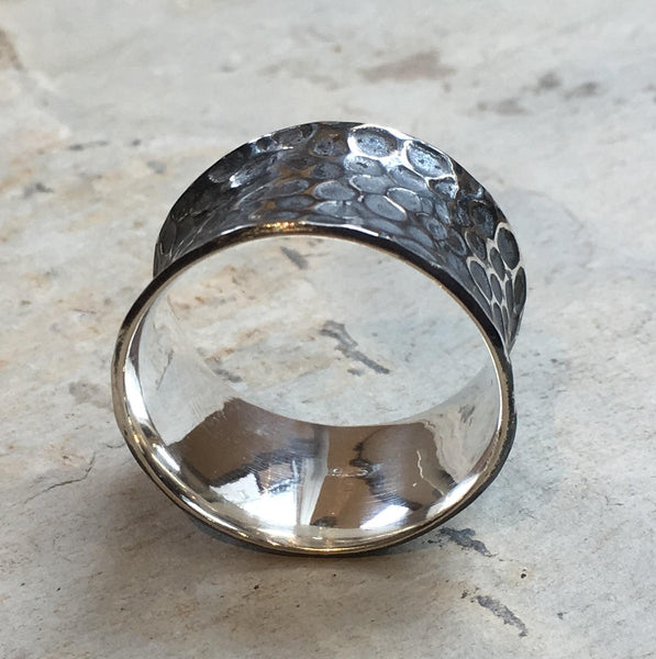 Wide Ring, Sterling silver ring, wedding band, Rustic ring, unisex band, rustic mens ring, oxidized silver hammered ring - My guy R2514