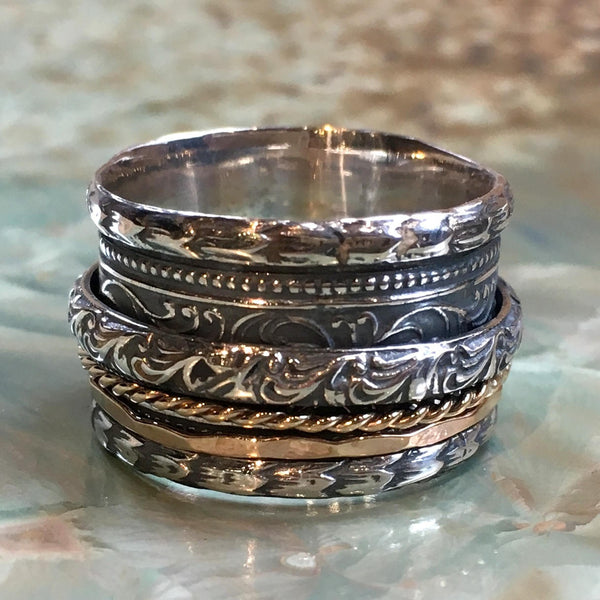 Silver wedding ring, silver gold ring, Two tone meditation ring, wide silver band, spinning ring, gypsy ring, boho ring - My beginning R2516