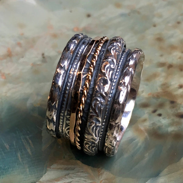 Silver wedding ring, silver gold ring, Two tone meditation ring, wide silver band, spinning ring, gypsy ring, boho ring - My beginning R2516