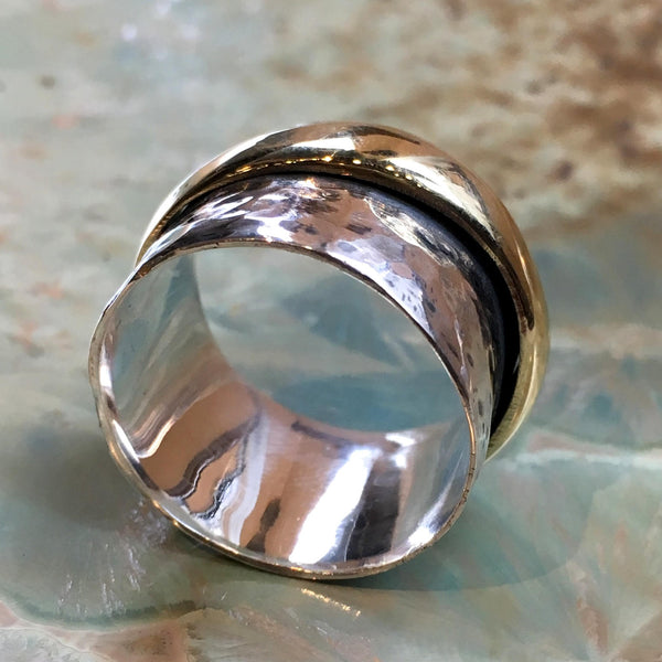 Rustic silver band, Unisex band, two tone ring, wide thumb ring, mens ring, wide band, brass fixed spinner ring - Your edges R2520