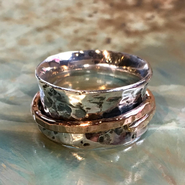 Silver gold ring, spinner ring, Fidget ring, Gypsy ring, Sterling silver ring, Wire ring, Bohemian ring, wedding band -  Spinning R2521
