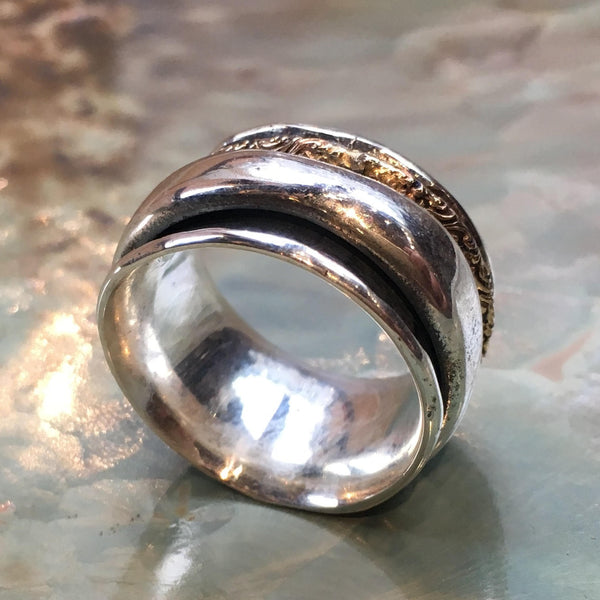 Rustic unisex band, chunky ring, unique wedding ring, silver band, spinner ring, bohemian ring, wide two tones ring - Blaze of light R2524