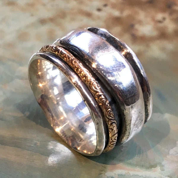 Rustic unisex band, chunky ring, unique wedding ring, silver band, spinner ring, bohemian ring, wide two tones ring - Blaze of light R2524
