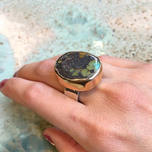 Large turquoise ring, Sterling silver gold ring, gemstone ring, oval turquoise ring, OOAK statement ring, cocktail ring - Calm heart R2528