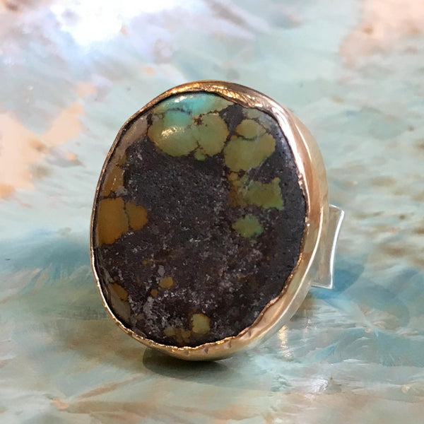 Large turquoise ring, Sterling silver gold ring, gemstone ring, oval turquoise ring, OOAK statement ring, cocktail ring - Calm heart R2528