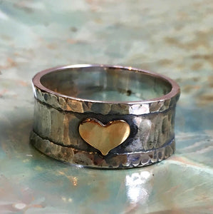 Promise Silver Ring, bff heart ring, Gold heart Ring, two tones Ring, oxidised ring, valentines ring, wide Ring, thumb ring - A heart R2513