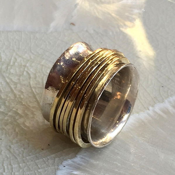 Bohemian band, wide silver Gold  ring,unique ring for her, silver stacking spinners, meditation ring, hammered  band - Falling free R1026QG