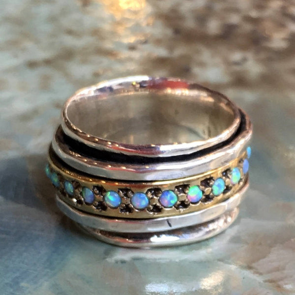 Opals ring, Meditation Ring, silver brass band, boho ring, stacking rings, wide silver band, eternity wedding band - Endlessly R1075LS