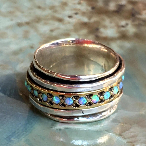 Opals ring, Meditation Ring, silver brass band, boho ring, stacking rings, wide silver band, eternity wedding band - Endlessly R1075LS