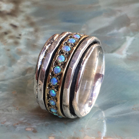 Opals ring, Meditation Ring, silver brass band, boho ring, stacking rings, wide silver band, eternity wedding band - Endlessly R1075LS