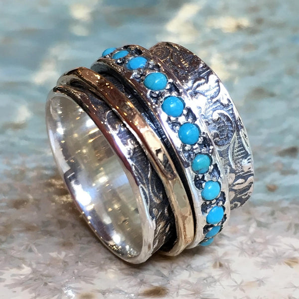 Blue turquoise ring, gold filled spinner ring, Meditation ring, Silver band, wide silver ring, wedding ring - Edge of the World R1209G-5