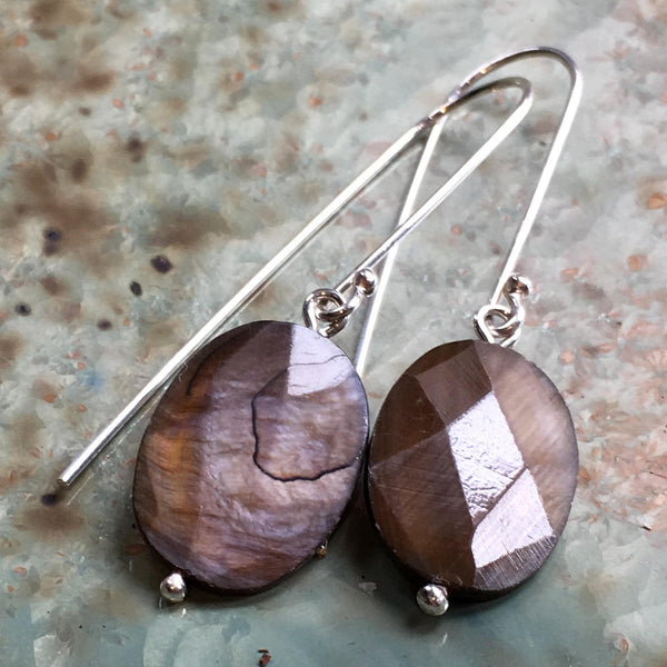 Sterling silver brown agate Earrings, Dangle earrings, oval stone Earrings, Long Earrings, drop earrings, casual earrings - Soft spot E8082