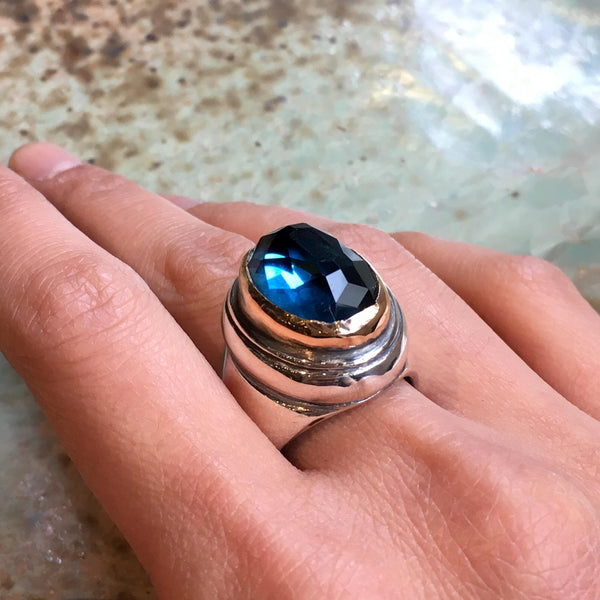 Silver Gold ring, London topaz ring, boho chic ring, statement engagement ring, bohemian ring, twotone ring, cocktail ring - Reach R2348