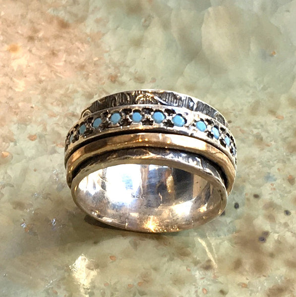 Meditation ring, Silver band, blue opal ring, gold filled spinner ring, wide two tones ring, wedding ring - Edge of the World R1209G-3