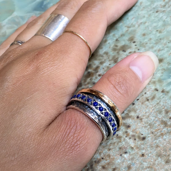 Lapis ring, wide silver ring, Meditation ring, Silver gold filled ring, two tones stacking ring, wedding ring - Edge of the World R1209G-4