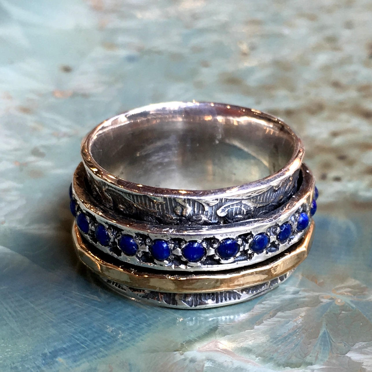 Lapis ring, wide silver ring, Meditation ring, Silver gold filled ring, two tones stacking ring, wedding ring - Edge of the World R1209G-4