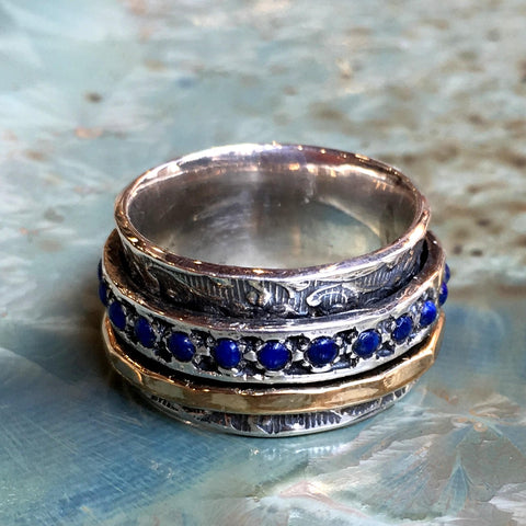 Lapis ring, wide silver ring, Meditation ring, Silver gold filled ring, two tones stacking ring, wedding ring - Edge of the World R1209G-4