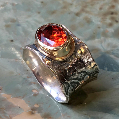 Orange quartz ring, Two tones ring, Sterling silver band, Vine ring, gold silver ring, engagement ring, gemstone ring - Orange sun R2544