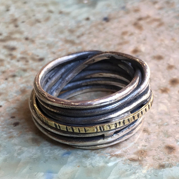 Wire wrap ring, oxidized band, Bohemian jewelry, Simple Ring, silver ring, unisex silver brass ring, two tone ring - Around we go R2547