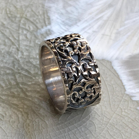 Sterling Silver band,  Filigree Ring, wedding band, statement ring, unisex band, wide silver ring, oxidised silver ring - Our Karma R2548