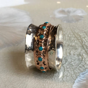 Spinner ring, Wide Silver band, rose gold ring, turquoises ring, birthstones ring, two tones meditation band - New beginnings 2. R1149XZ