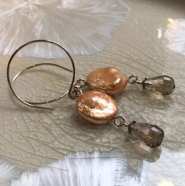 Sterling silver earrings, bronze coin pearl Earrings, Dangle earrings, smoky quartz Long Earrings, drop casual earrings - Soft heart E8084