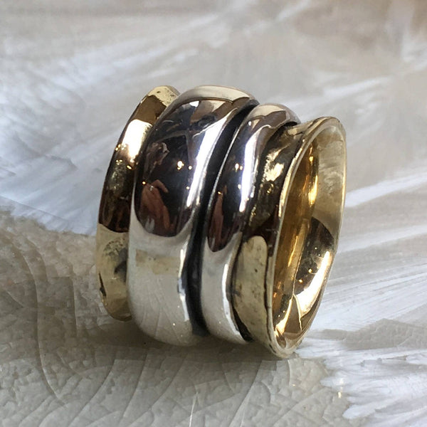 Silver gold Wedding Band, Spinning Ring, boho ring, modern ring, unisex ring, thumb ring, brass wedding band - Wonderland forever RK1026AS