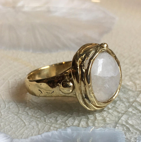 Moonstone ring, organic gold ring, golden brass ring, white gemstone ring, statement ring, moonstone cocktail ring - Notorious Wind RK1470