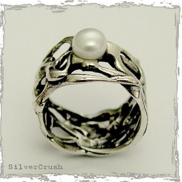 Wide silver ring, pearl ring, organic band, silver ring, silver band, wedding band, engagement ring, silver pearl band - Confusion R1590