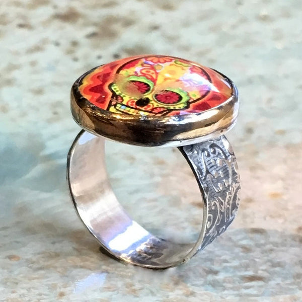 Skull ring, silver ring, statement ring, resin ring, day of the dead ring, boho ring, kitsch ring, frida kalho ring - The skull R2541