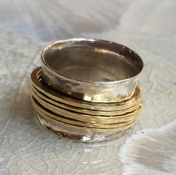 Bohemian band, wide silver Gold  ring,unique ring for her, silver stacking spinners, meditation ring, hammered  band - Falling free R1026QG