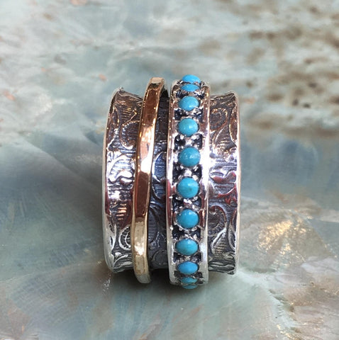 Blue turquoise ring, gold filled spinner ring, Meditation ring, Silver band, wide silver ring, wedding ring - Edge of the World R1209G-5