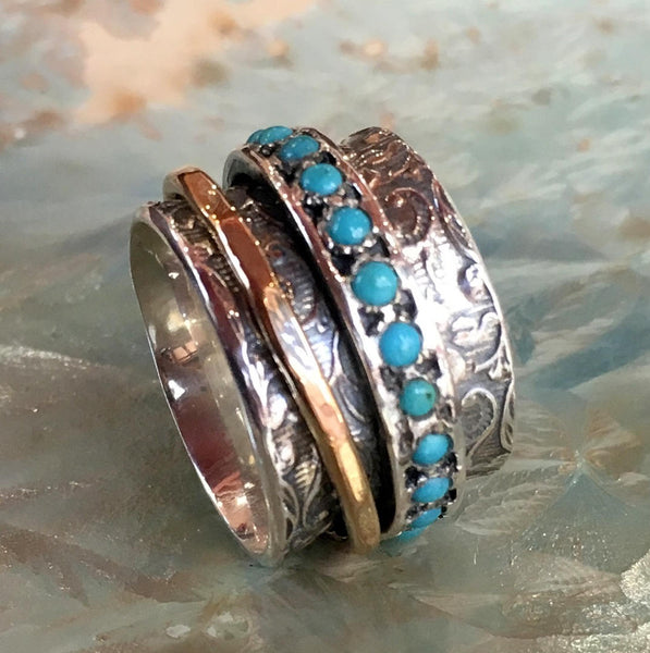 Blue turquoise ring, gold filled spinner ring, Meditation ring, Silver band, wide silver ring, wedding ring - Edge of the World R1209G-5