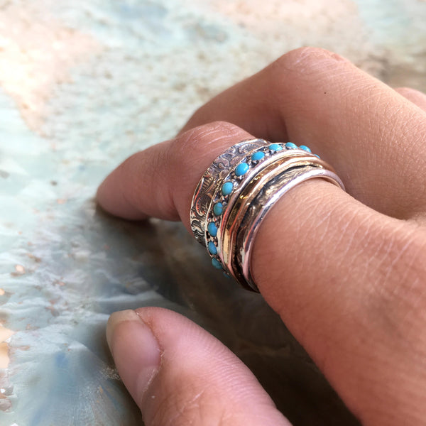 Blue turquoise ring, gold filled spinner ring, Meditation ring, Silver band, wide silver ring, wedding ring - Edge of the World R1209G-5