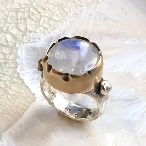 Moonstone Ring, Engagement ring, gemstone ring, Statement ring, high stone ring, silver gold ring, two-tones ring - Lost in your eyes R1289C