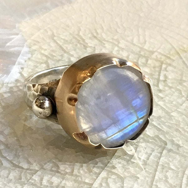 Moonstone Ring, Engagement ring, gemstone ring, Statement ring, high stone ring, silver gold ring, two-tones ring - Lost in your eyes R1289C