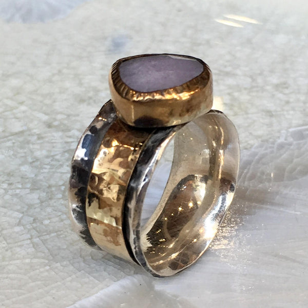 Rose quartz ring, silver gold band, spinner ring, Meditation Ring, wide silver ring, wedding engagement ring - Dance Into The Light - R2440
