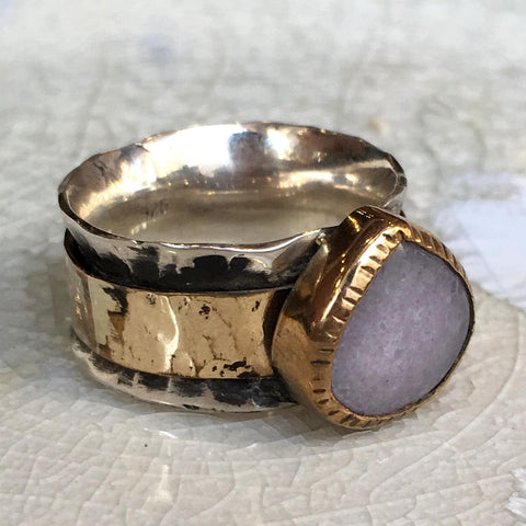 Rose quartz ring, silver gold band, spinner ring, Meditation Ring, wide silver ring, wedding engagement ring - Dance Into The Light - R2440