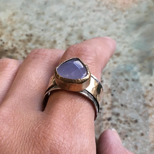 Meditation Ring, silver gold band, lavender chalcedony ring, spinner ring, wide ring, wedding engagement ring - Dance Into The Light - R2440