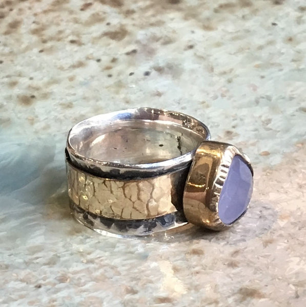 Meditation Ring, silver gold band, lavender chalcedony ring, spinner ring, wide ring, wedding engagement ring - Dance Into The Light - R2440