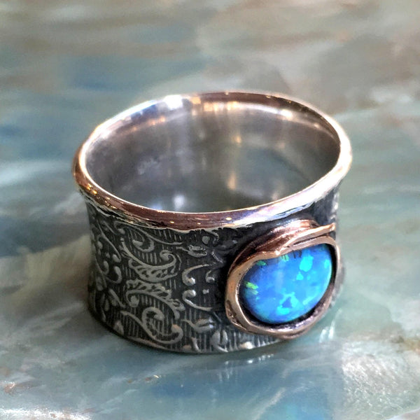 Blue opal silver gold ring