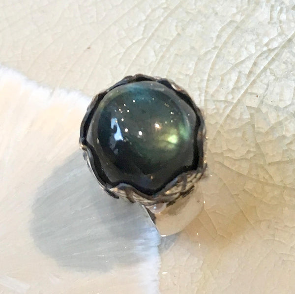 Labradorite ring, pearls ring, Cocktail ring, Sterling silver leaf ring, engagement ring, botanical Leaves ring - Sleepless night R1693-5