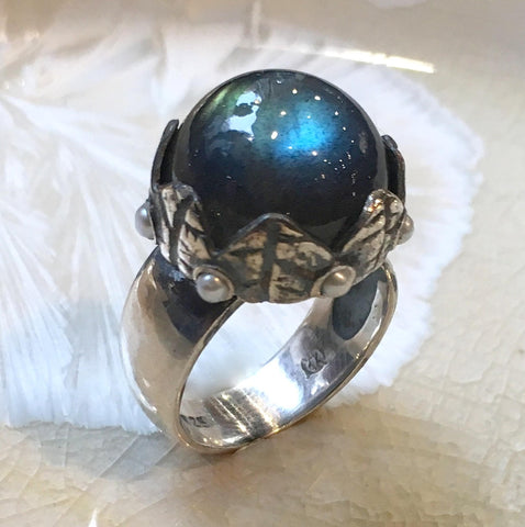 Labradorite ring, pearls ring, Cocktail ring, Sterling silver leaf ring, engagement ring, botanical Leaves ring - Sleepless night R1693-5