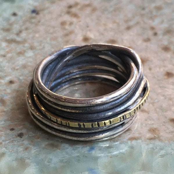 Wire wrap ring, oxidized band, Bohemian jewelry, Simple Ring, silver ring, unisex silver brass ring, two tone ring - Around we go R2547