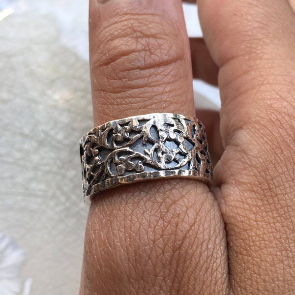 Sterling Silver band,  Filigree Ring, wedding band, statement ring, unisex band, wide silver ring, oxidised silver ring - Our Karma R2548