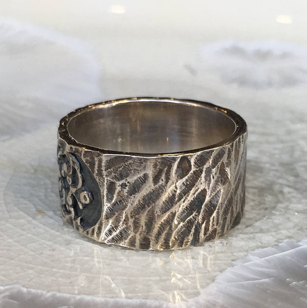 Sterling Silver band,  Filigree Ring, wedding band, statement ring, unisex band, wide silver ring, oxidised silver ring - Our Karma R2548