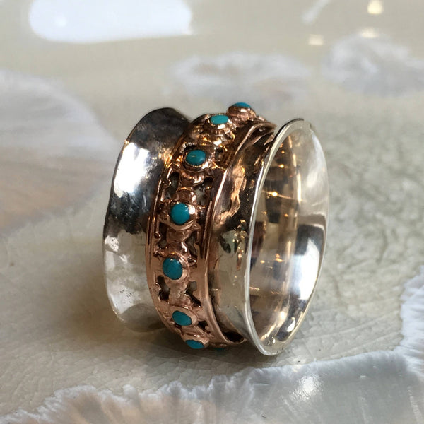 Spinner ring, Wide Silver band, rose gold ring, turquoises ring, birthstones ring, two tones meditation band - New beginnings 2. R1149XZ