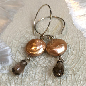 Sterling silver earrings, bronze coin pearl Earrings, Dangle earrings, smoky quartz Long Earrings, drop casual earrings - Soft heart E8084